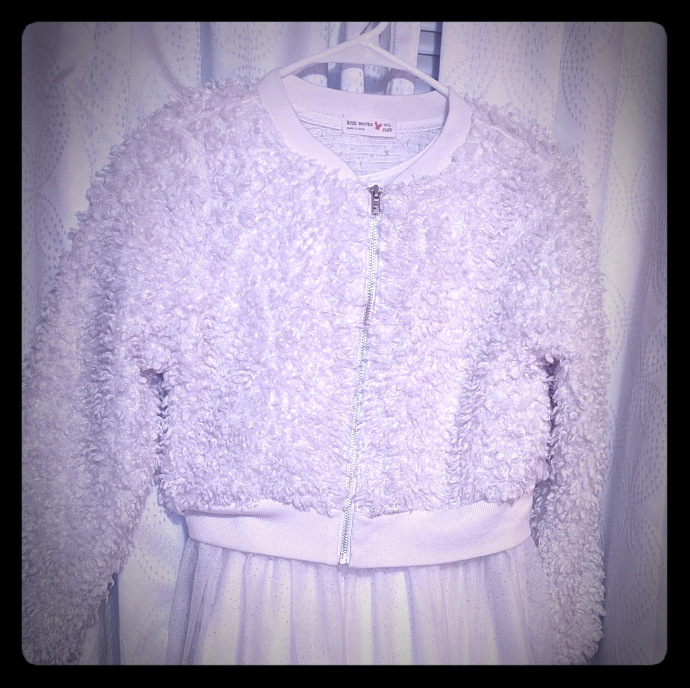 White dress with gold sparkles w/ furry jacket